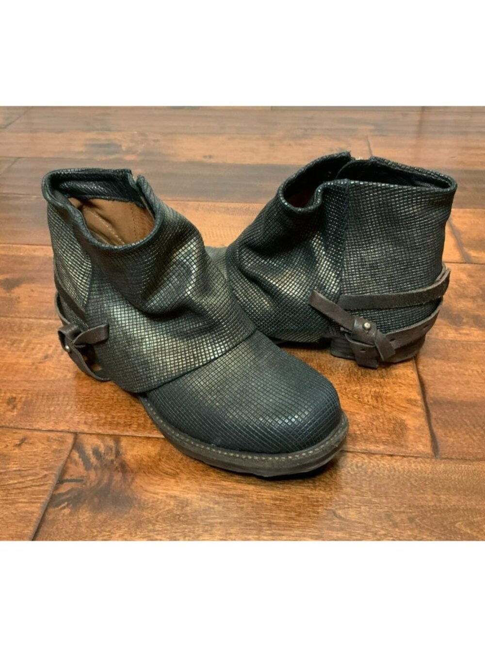 A.S.98  Black Metallic Leather Side Zip Wrapped Buckle Ankle Boots, Size 8 | 38